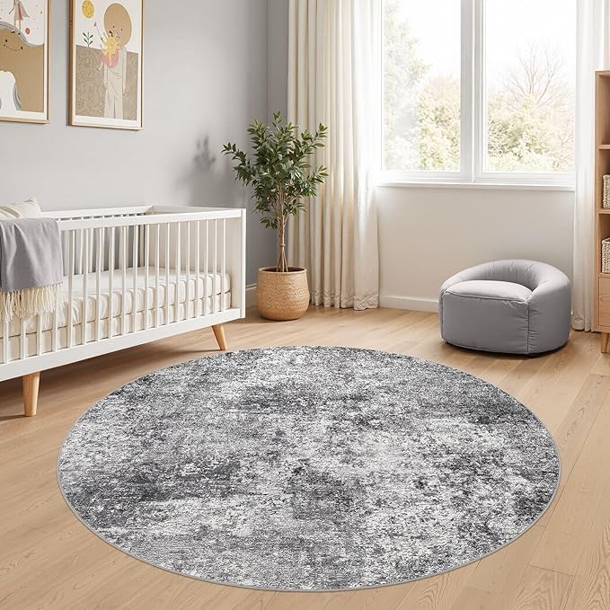 5ft Round Area Rug Living Room Rugs - 5x5 Washable Large Soft Indoor Neutral Modern Abstract Low Pile Rug Carpet for Bedroom Dining Room Farmhouse Home Office - Grey