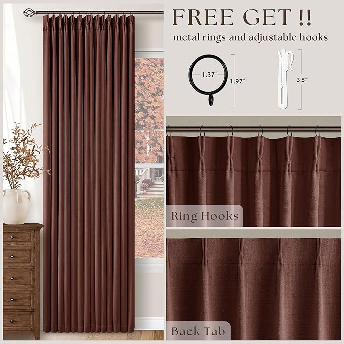 Brown Red Pinch Pleated Blackout Curtains 102 Inches Long for Bedroom 100% Black Out Thick Linen Dual Layer Pleated Drapes Farmhouse Country Terracotta Maroon 102 Inch Curtain for Dining Living Room