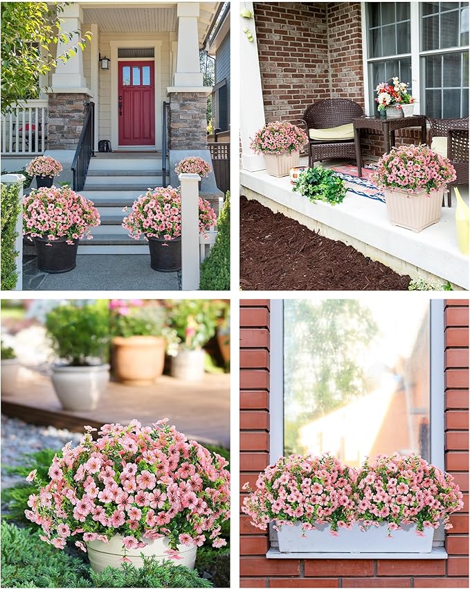Artificial Flowers for Outdoors Faux Outside Plants Spring Summer Decorations 16 Bundles UV Resistant Silk Daisy Fake Eucalyptus Realistic Used for Yard,Porch,Patio,Window Planter Box Decor