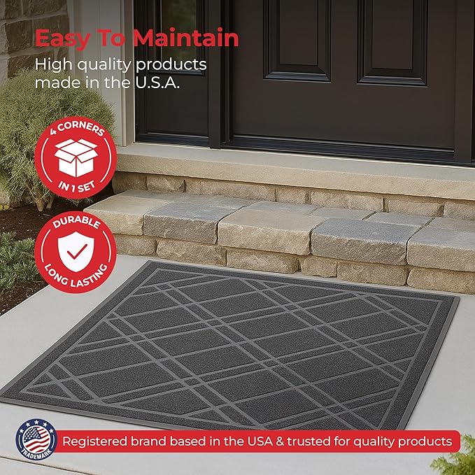 SlipToGrip Universal Door Mat, Plaid Design - Grey, 42 x 5 - No Slip, Durable and Washable, Outdoor and Indoor Floor Welcome Mat Entry - Front Door, Dust Absorbent, 2pk