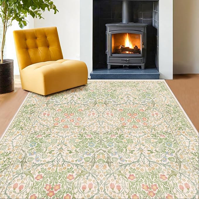 Light Beige Green Area Rugs for Dining Room, 6x9 Washable Area Rug for Bedroom, Living Room, Nursery Room, Kids Play Room, Low Pile Non-Slip - Vintage Design & Stain Resistance