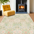 Light Beige Green Floral Living Room Rug, 7x9 Washable Area Rug for Kids Room, Bedroom, Nursery Room, Living Room, Dining Room, Low Pile Non-Slip - Vintage Design & Stain Resistance