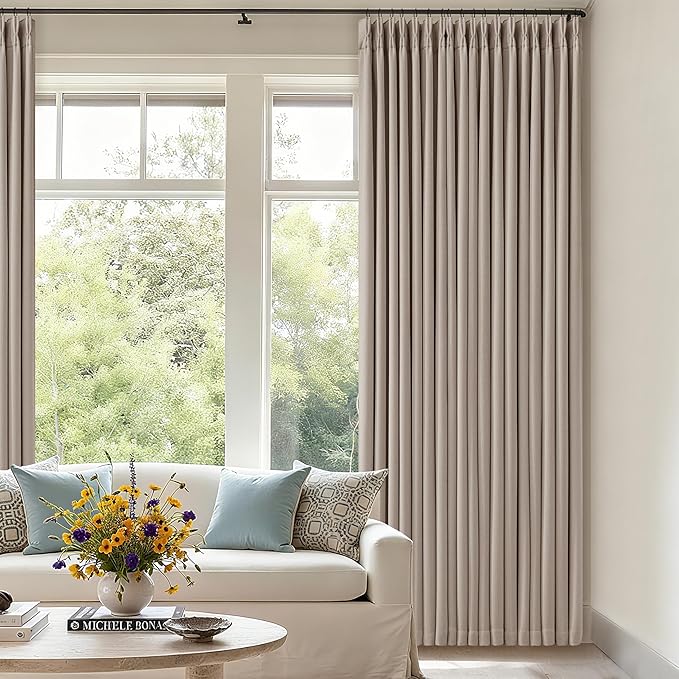 108 Inch Pinch Pleat Drapes Greyish Beige Room Darkening Curtains 108 Inches Long for Bedroom Neutral Farmhouse 100% Blackout Thick Linen Double Layer Pleated Curtain 2 Panels Set Burlywood Birch