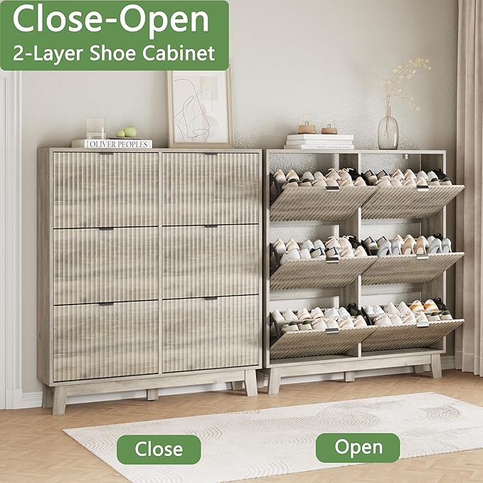 Shoe Cabinet with 6 Flip Drawers, 54" Tall Narrow Fluted Shoe Storage Organizer for Entryway, Hidden Slim Wooden Shoe Rack Cabinet for Front Door Entrance, Hallway, Living Room, Light Grey