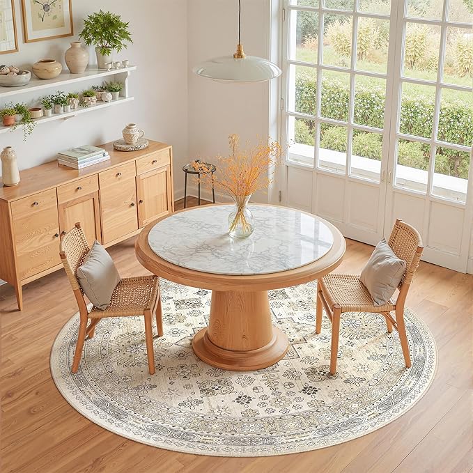 zesthome Washable Round Area Rugs - Non-Slip 6ft Round Rugs, Ultra-Thin Large Circle Rugs for Living Room, Soft Low Pile Rug for Bedroom, Kitchen, Nursery - Vintage Stain Resistant Round Rug