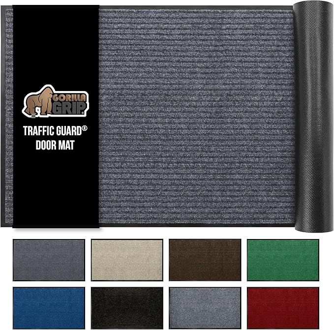 GORILLA GRIP Waterproof Traffic Guard Door Mat, Heavy Duty Entryway Mats, Strong Rubber Back Commercial Utility Rugs for Office Hallway, Garage Floor and Home, Low Profile Carpet, 29x17, Charcoal Gray