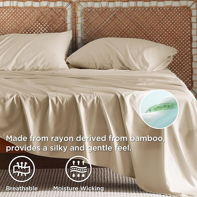 Bedsure Queen Sheets, Rayon Derived from Bamboo, Queen Cooling Sheet Set, Deep Pocket Up to 16", Breathable & Soft Bed Sheets, Hotel Luxury Silky Bedding Sheets & Pillowcases, Beige