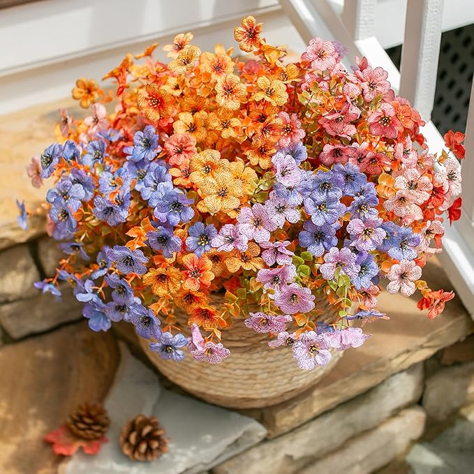 HyeFlora Artificial Fall Flowers Faux Mums for Outdoor Indoor Garden Home Decoration, Faux Flower Daisy with Eucalyptus Leaves Fake Plants Greenery Boxwood Porch Patio, 12 Bundles (6 Fall Multicolor)