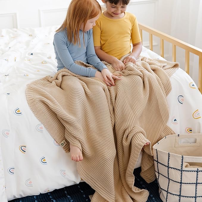 MakeMake Organics Organic Cotton Throw Blanket GOTS Certified Organic Knit Blanket Couch Bed Neutral Fall Colors Soft Cotton Throw Blanket Large (50x60, Sand)