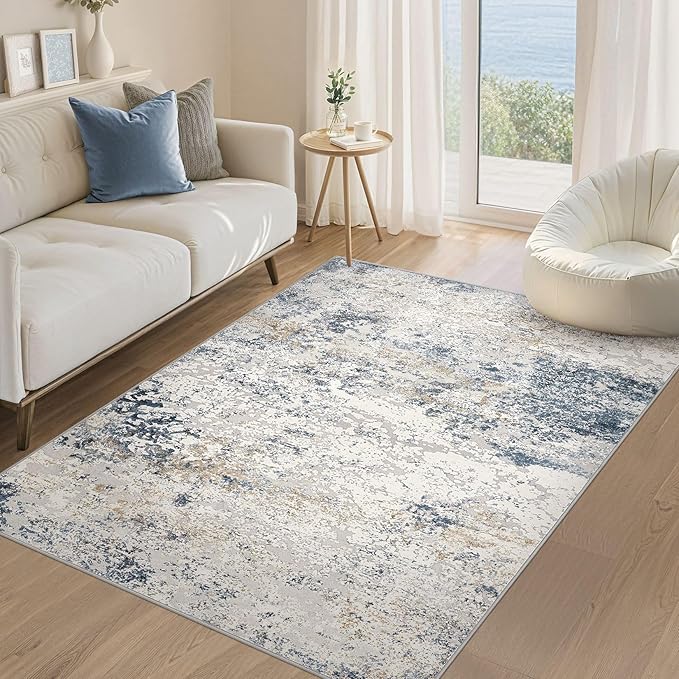 Area Rug Living Room Rugs - 4x6 Abstract Large Soft Indoor Washable Rug Neutral Modern Low Pile Carpet for Bedroom Dining Room Farmhouse Home Office - Beige Blue