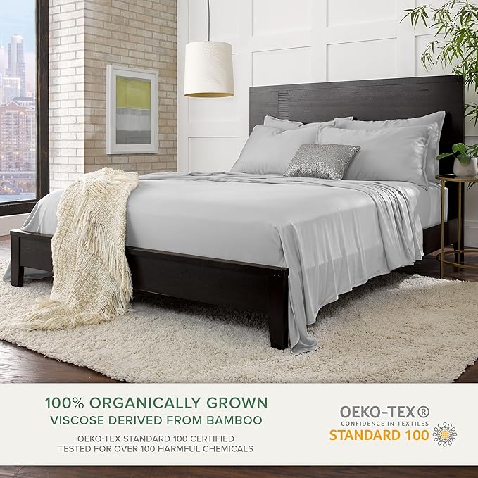 Pure Bamboo Queen Sheets, Genuine 100% Organic Viscose Derived from Bamboo Bed Sheet Set, Luxuriously Soft & Cooling, Double Stitching, 2 Year Quality Promise (Queen, Silver Pearl)
