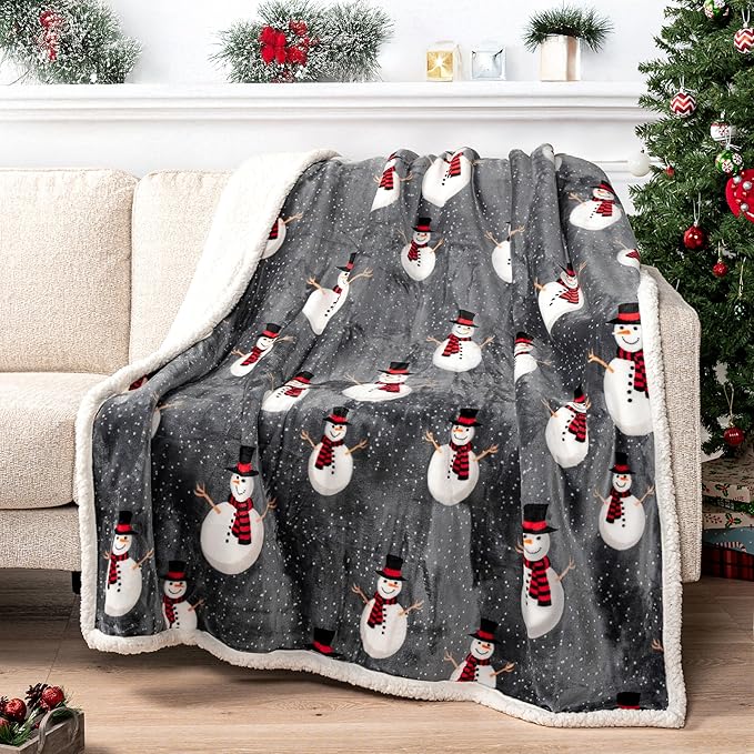 PAVILIA Premium Christmas Sherpa Throw Blanket, 60x80, Grey Snowman Cozy Fleece Holiday Blanket, Reversible Plush Winter Throw for Couch & Bed, Ultra Soft Warm Christmas