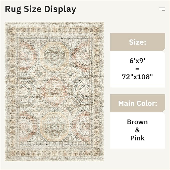 6x9 Area Rug for Living Room Washable 6x9 Non-Slip Modern Rugs for Bedroom Dinning Room Ultra-Thin Indoor Brown Pink