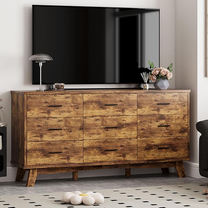 Dresser for Bedroom, 9 Drawer Wide Modern Chest of Drawers with X-Shaped Sturdy Base, Wood Double Dresser Closet Clothes Storage Organizer, Wooden TV Stand for Living Room, Hallway, Brown
