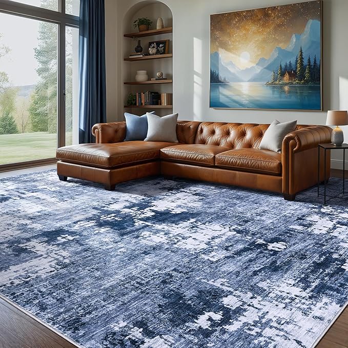 Area Rug Living Room Rugs - 9x12 Washable Large Soft Indoor Neutral Modern Abstract Low Pile Rug Carpet for Bedroom Dining Room Farmhouse Home Office - Navy Blue
