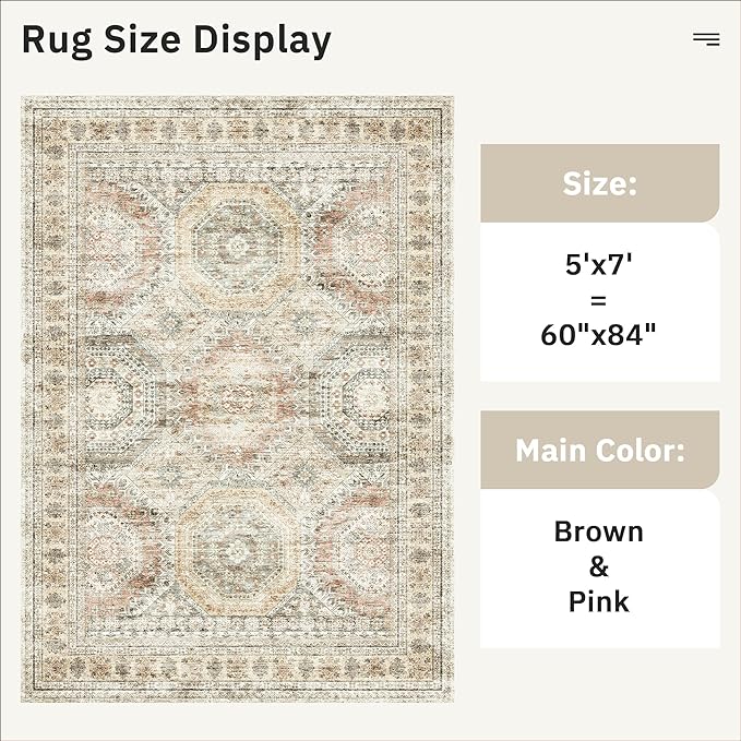 5x7 Area Rugs Brown Pink Low Pile Indoor Washable Trendy Faded Style Rugs for Bedroom Living Room Dining Room Foldable Non-Slip Thin Print Mat