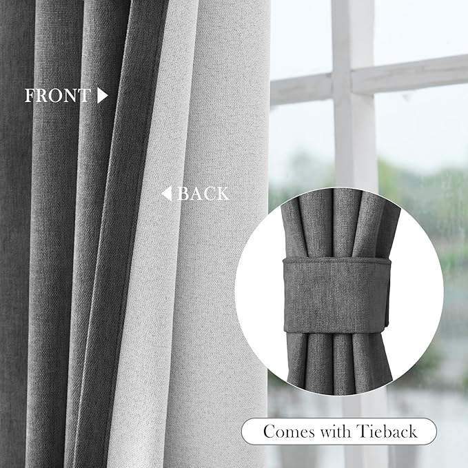 Macochico 100% Blackout Curtains Thermal Insulated Noise Reducing Chenille Curtains for Hotel Auditorium Bedroom Living Room Grommet Dark Grey Curtains with Tieback Classic 52" Wx84 L 1 Panel
