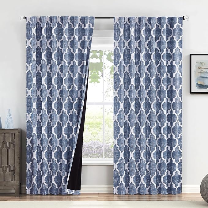 Beauoop 100% Blackout Curtains 84 Inches Long 2 Panels for Bedroom Living Room Blue Moroccan Geo Room Darkening Thermal Insulated Soundproof Rod Pocket Back Tab Window Treatments Drapes, 50x84