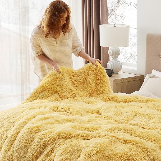 Bedsure GentleSoft Fluffy Yellow Blankets Queen Size for Bed, Thick Sherpa Faux Fur Fleece Fuzzy Plush Winter Warm Heavy Soft Full Queen Blankets, Bedroom Decor Yellow Cozy Gifts for Women Men, 90x90