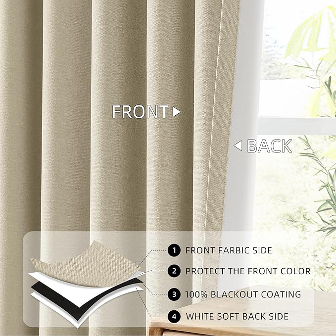 ChrisDowa 100% Blackout Natural Solid Solid Curtains 45 Inches Long 2 Panels for Bedroom Living Room,Farmhouse Room Darkening Thermal Insulated Soundproof Grommet Top Window Treatment Drapes,52x45