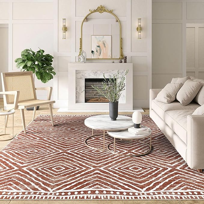 3x5 Rug, Small Area Rug for Living Room, Bedroom, Kitchen, Machine Washable Non-Slip Throw Rug, Low Pile Carpet Western Rug for Entryway Nursery Coffee Table, Brown Red