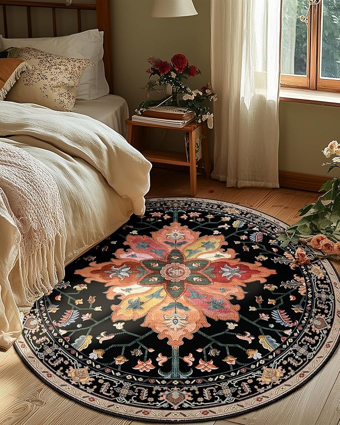 Area Rugs 5ft Washable Non-Slip, Floral Vintage Distress Print Pattern Medallion Carpet for Living Room Bedroom Dining Room, Black Colorful Floral Dark Tan