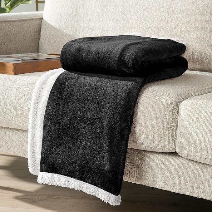 PAVILIA Sherpa Fleece Throw Blanket for Couch, Twin Size, Black, Plush Soft Fuzzy Sofa Blanket, Cozy Reversible Winter Throw for Women Men, 60x80 Inches