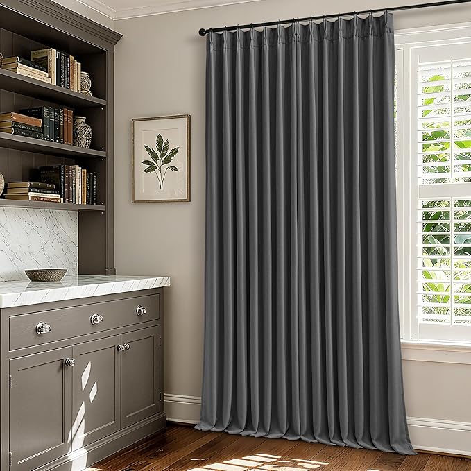 Dark Grey Pinch Pleated Blackout Curtains 108 Inches Long for Bedroom 100% Black Out Thick Linen Dual Layer Pleated Drapes Farmhouse Country Charcoal Gray 108 Inch Curtain for Dining Living Room