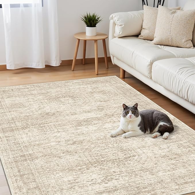3x5 Rug, Small Area Rug for Kitchen, Entryway, Machine Washable Non-Slip Throw Rug, Vintage Carpet for Nursery Coffee Table Beige