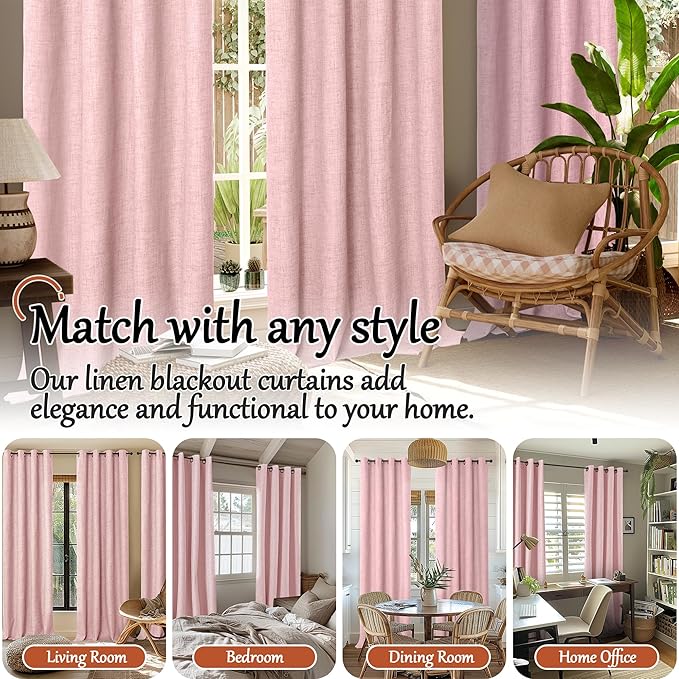 Baby Pink Linen Blackout Curtains for Nursery 95 Inch Length 2 Panels Set, Thermal Insulated Boho Total Black Out Noise Reducing Bonzer Grommets Window Curtains for Girls Bedroom, Each 52 Inch Wide