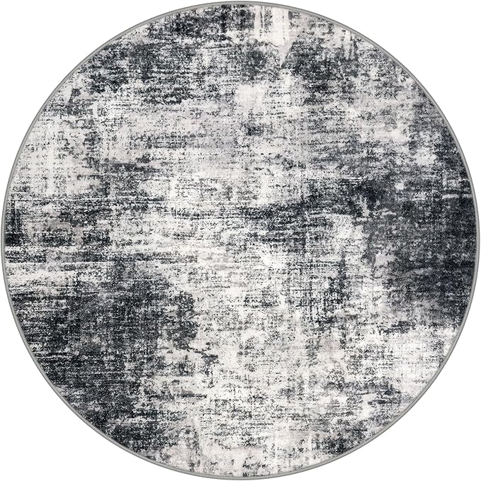 IOHOUZE Abstract Round Area Rug 8 Ft Washable Circle Rugs Large Round Rug Non Slip Thin Soft Circle Rugs, Printed Faux Wool Floor Carpet for Bedroom Living Room Dining Room Nursery, Black Grey