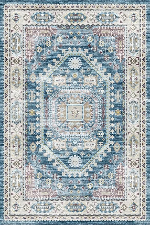 vivorug 6x9 Area Rug, Ultra-Soft Washable Rug for Living Room, Dinner Room, Bedroom, Non-Slip Vintage Medallion Rug, Indoor Carpet Large Area Rug, Blue