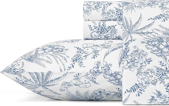Tommy Bahama - King Size Sheets Set, Crisp & Tailored Cooling Sheets with a Smooth Cotton Percale Lightweight Feel - Bed Sheets with Matching Pillowcases & Fitted Sheet (Pen and Ink Palm Blue)