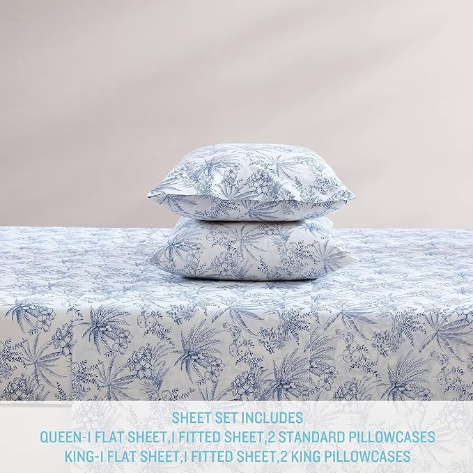 Tommy Bahama - King Size Sheets Set, Crisp & Tailored Cooling Sheets with a Smooth Cotton Percale Lightweight Feel - Bed Sheets with Matching Pillowcases & Fitted Sheet (Pen and Ink Palm Blue)