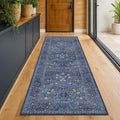 Dark Blue 3x12 Extra Long Wide Runner Rug for Hallway, Non Slip Washable, 12 ft Large Kitchen Floor Rugs for Indoor Entrance, Low Pile Stain Resistant Vintage Floral Carpet