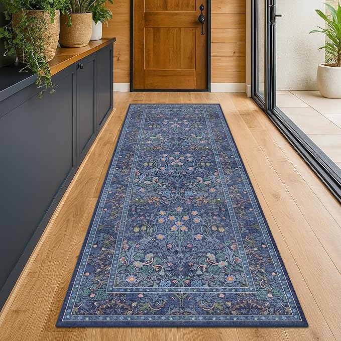 Dark Blue 2'6" x 8' Runners for Hallways Non Slip, Extra Long Floor Runner for Kitchen, Entryway Indoor, Washable Rubber Backing Stain Resistant - Vintage Navy Blue Floral Décor