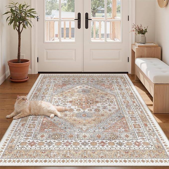 zesthome 4x6 Rug - Stain Resistant Washable Rug, Anti Slip Backing Rugs for Living Room, Foldable Vintage Small Area Rugs(Orange,4'x6')