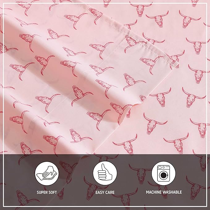 Wrangler - Twin XL Bed Sheets, Breathable & Wrinkle Resistant Bedding with Matching Pillowcase, Lightweight for Year-Round Use, Dorm Essentials (Steer Skulls Pink)