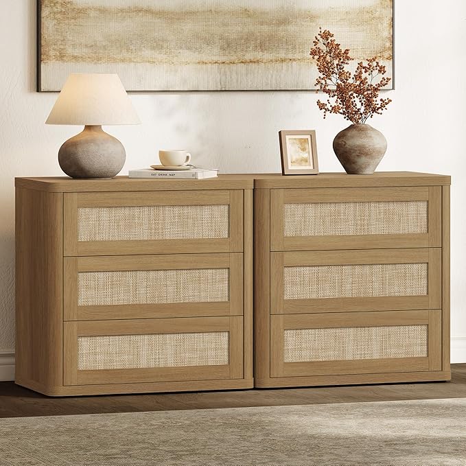 SICOTAS Rattan Night Stand Set 2, 26.8" Wide Oversized Nightstand with 3 Large Drawers, Push-Close & Kid-Safe Curved Edges, Boho Bedside Table End Table for Bedroom Sofa Side Home Office, Amber Oak