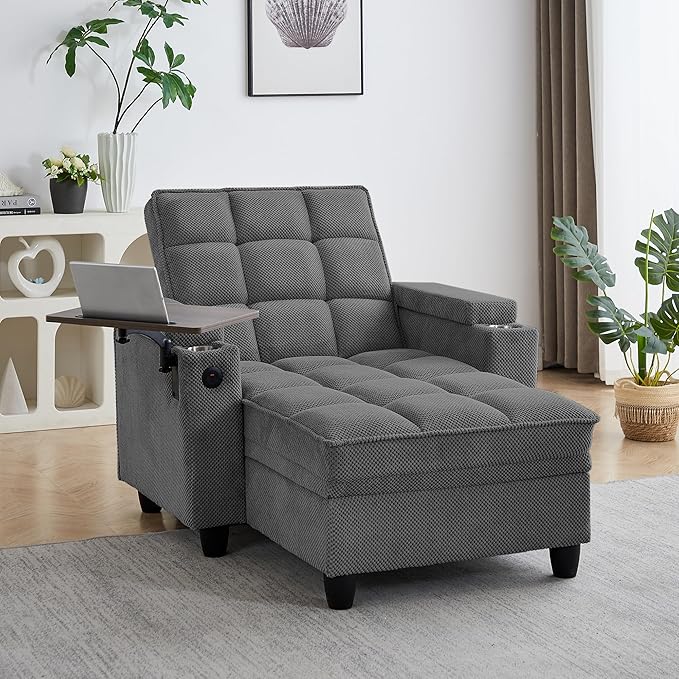 41.7" Chaise Lounge Chair Indoor, Oversized Boucle Upholstered Sofa Bed, Adjustable Backrest Deep Seat Reading Chair, Sofas Couches for Living Room with Storage, Cup Holders & 360° Swivel Side Table
