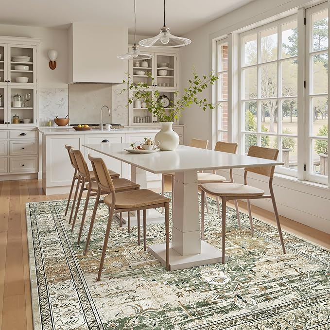 6x9 Area Rugs for Living Room Non-Slip Washable Rugs 6x9 Vintage Rug for Bedroom Dinning Room Ultra-Thin Area Rugs Farmhouse Home Decor Olive/Beige
