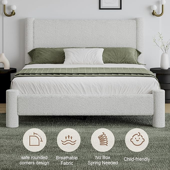 Full Size Bed Frame, Boucle Upholstered Platform Bed with Headboard and Footboard, Soft Rounded Corners, No Box Spring Required, Easy Assembly, White