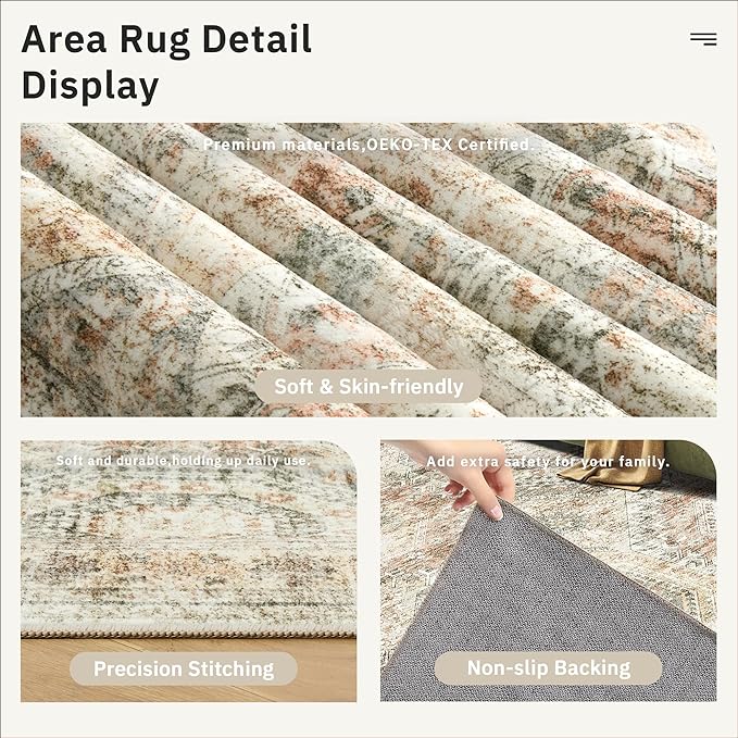 10x14 Area Rugs for Living Room, Non Slip Machine Washable Vintage Rugs, Low Pile Lightweight Large Rug for Bedroom, Dining Room, Home Office Brown Pink