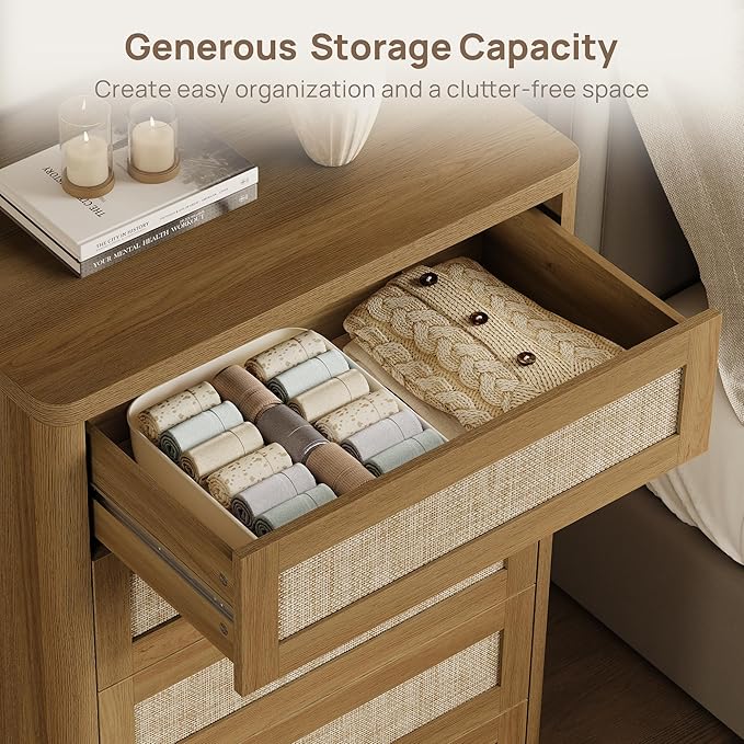 SICOTAS Tall Dresser for Bedroom - Rattan 5 Drawer Dressers Chest of Drawers with Push-to-Open Design, Modern Extra Deep Clothes Dresser with Large Storage for Closet, Living Room, Amber Oak
