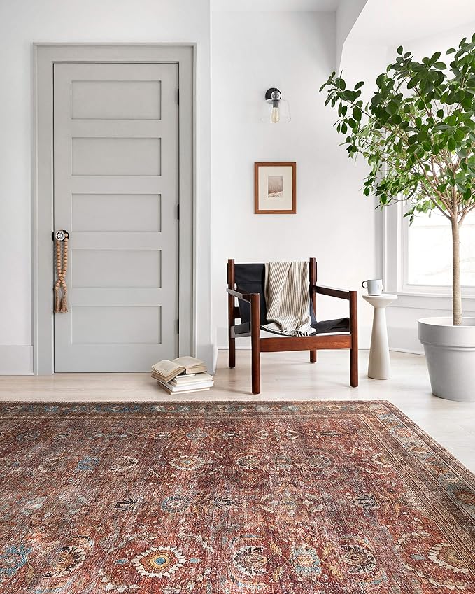 Loloi Layla Collection LAY-01 Brick/Blue 2'-6" x 12'-0" .13" Thick Runner Rug, Soft, Durable, Vintage Inspired, Distressed, Low Pile, Non-Shedding, Easy Clean, Printed, Living Room Rug