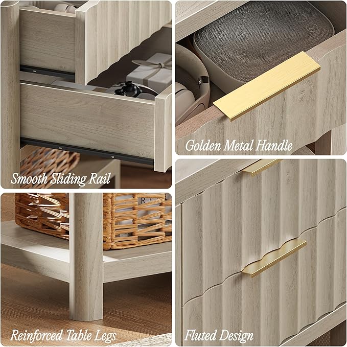 Huuger 27.6 Inch Tall Night Stand with Charger Station, USB-C Port, Fluted Nightstand with 2 Deep Drawers, Larger Wider Bed Side Table with Open Shelf, Bedroom Living Room End Table, Grey