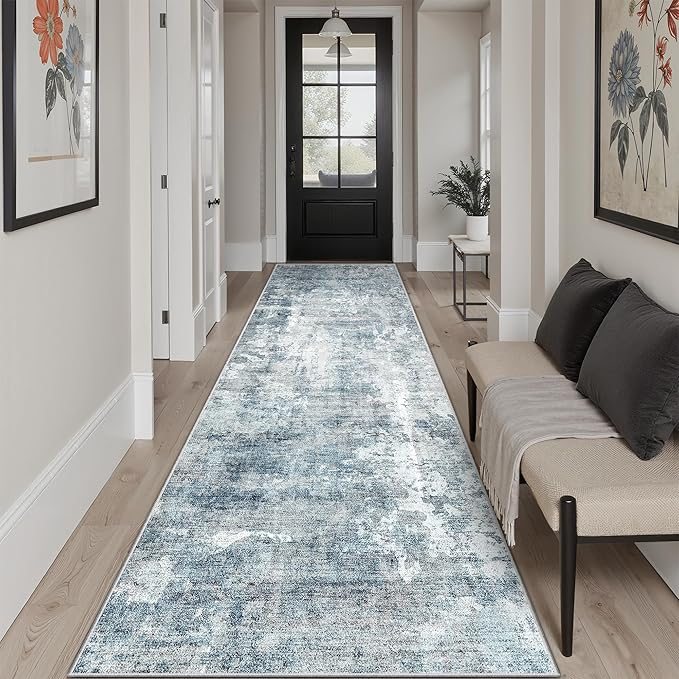 Washable Runner Rug, 2'6" x 8' Non-Slip Kitchen Vintage Foldable Hallway Runners for Entryway, Laundry, Bedroom, Blue
