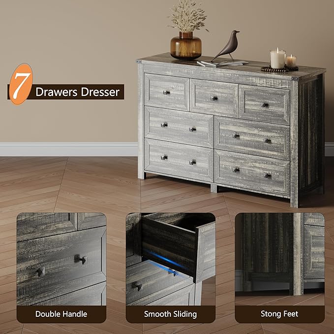 Dresser for Bedroom with 7 Drawers, Farmhouse Wood Chest of Drawers, Wide TV Stand Closet Storage Furniture with Metal Handle, Modern Wooden Clothes Organizer for Hallway, Living Room, Entryway, Grey