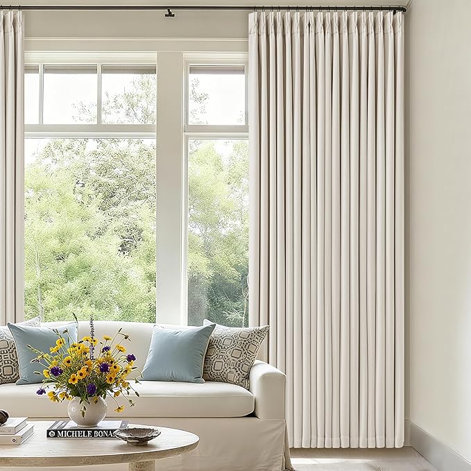 Ivory Cream Linen Blackout Curtains 112 Inches Long for Bedroom Neutral Boho Pinch Pleated 100% Black Out Room Darkening Sound Dampening Window Drapes Double Layer Soundproof 112 Inch Curtains