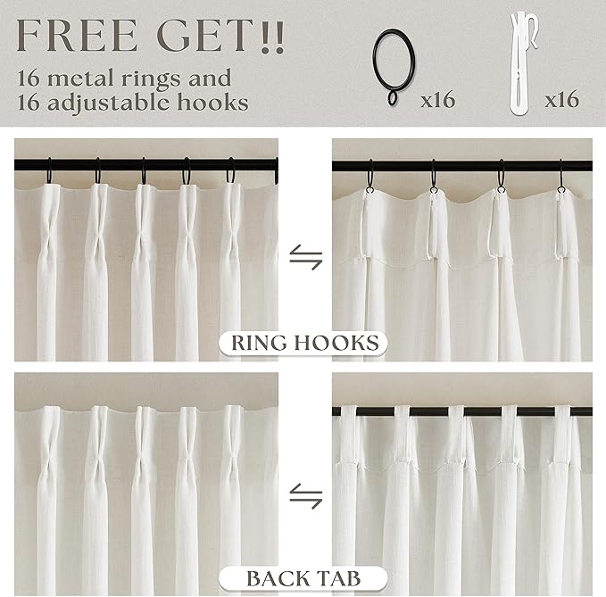 Cream Ivory Linen Curtains 80 Inches Long 2 Panels Set for Living Room Bedroom Pinch Pleated Back Tab Drapes Neutral Modern Farmhouse Decor Semi Sheer 80 Inch Curtains for Dining Room Window Cabin
